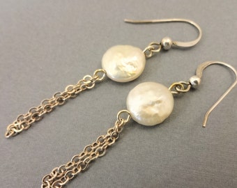 Sterling Silver Chain and White Coin Pearl Earrings, Minimalist Earrings, Pearl Earrings, White Pearl Earrings