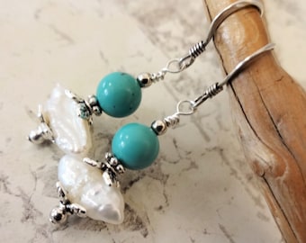 White Pearl and Turquoise Gemstone Earrings, Pearl and Stone Jewelry, June Birthstone, December Birthstone, Gift for Her