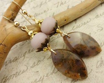 Dendritic Agate Earrings: Lampwork Glass, Gold Filled Hooks