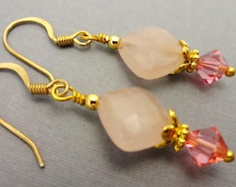 Rose Quartz Earrings: Swarovski Crystal, Gold Plated Steel