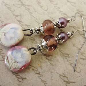 Lavender Porcelain Flower, Lamp Glass and Pearl Earrings, Artisan Made Porcelain Earrings, Unique Gift for Her