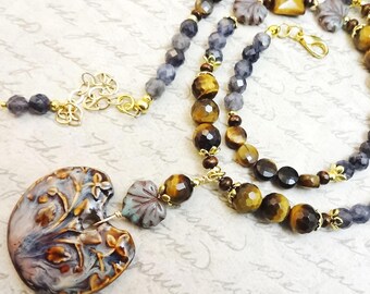 Ceramic Pendant Necklace: Tiger's Eye, Iolite and Czech Maple Leaves