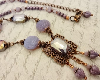 Lavender Glass Necklace: Vintage Style Brass Filigree Necklace