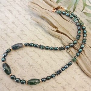 Moss Agate and Pearl Necklace: Dark Green Gemstone Jewelry
