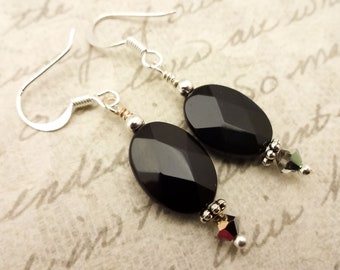 Black Onyx Faceted Oval Earrings: Silver Swarovski Crystal Accents