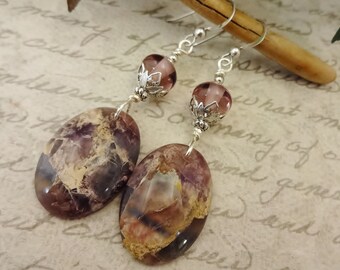 Fluorite & Lampwork Glass Earrings: Sterling Silver French Hooks