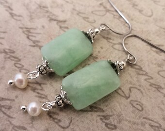 Mint Green Chrysoprase & White Pearl Dangle Earrings: Surgical Steel