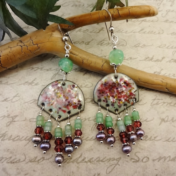 French Enamel Earrings in Mint Lavender and Red, Artisan Enamel and Gemstone Earrings, Gift for Her, One of a Kind