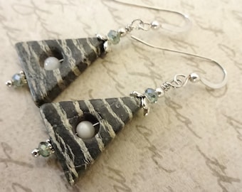 Green Zebra Jasper Triangles Mother of Pearl and Green Crystal Earrings, Unique Jewelry, Gift for Her, Gift for Mom