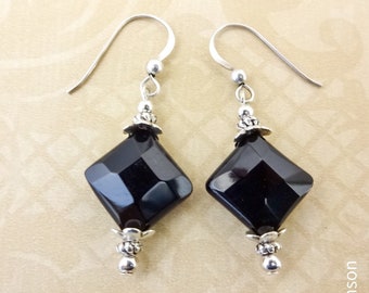 Black Onyx Diamond Earrings: Silver Plated Flower Caps