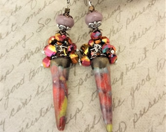 Artisan Porcelain Spear Earrings: Magenta Glass Bead Cluster, Surgical Steel
