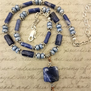 Sodalite and Light Blue Freshwater Pearls Necklace, Shades of Blue Jewelry, Sodalite Pendant Necklace image 1