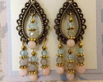 Antique Brass Filigree Chandelier Earrings, Multi Gemstone Earrings, Vintage Style Jewelry in Pastel Gemstones
