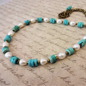 Turquoise and Pearl Necklace: Antique Bronze Boho Necklace