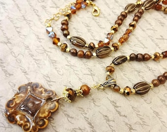 Artisan Ceramic Necklace Earrings Bracelet with Pearls & Czech Glass - Boho Jewelry Set