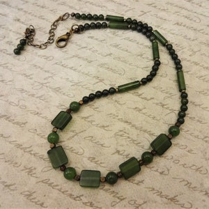 Jade and Antique Brass Necklace, Green Jade Jewelry, Adjustable Length, Boho Jade Necklace, Vintage Style Jewelry