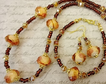 Flower and Foil Lined Glass Necklace Earrings Bracelet Set