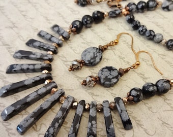 Snowflake Obsidian Jewelry Set: Copper Necklace and Earrings