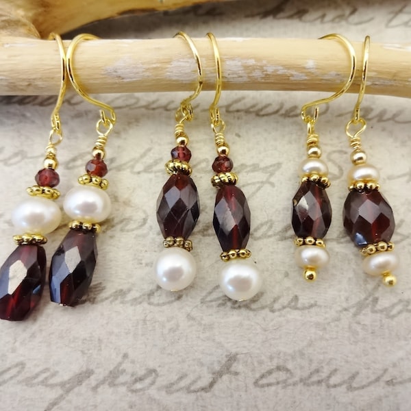 Garnet Earrings, January Birthstone Earrings, Garnet and Pearl, Red Gemstone, Garnet Jewelry, Gift for Her, Gift for Wife