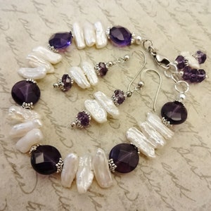 Amethyst & Biwa Pearl Jewelry Set: Sterling Silver Bracelet and Earrings