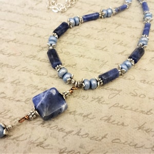 Sodalite and Light Blue Freshwater Pearls Necklace, Shades of Blue Jewelry, Sodalite Pendant Necklace image 2