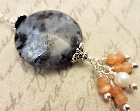 Larvikite Peach Moonstone and Pearl Pendant on Silver Chain, Pendant Necklace with Norwegian Moonstone aka Black Labradorite