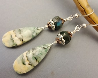Teardrop Stone Earrings, Green Mariposa Jasper and Labradorite Earrings, Green Gemstones, Gift for Her