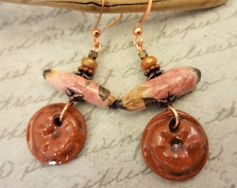 Boho Artisan Ceramic Earrings, Rose Brown Porcelain, United Kingdom