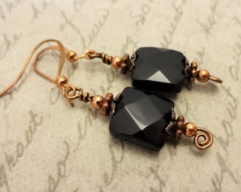 Black Onyx Copper Earrings: Faceted Gemstone Dangle Earrings