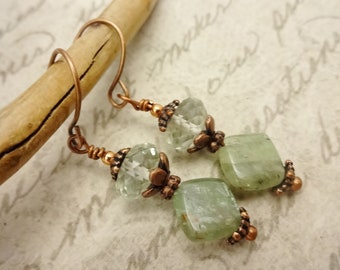 Green Kyanite and Green Fluorite Earrings, Boho Gemstone Earrings with Copper Metals, Gift for Her
