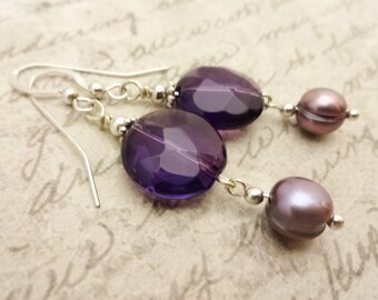 Amethyst Earrings: Sterling Silver, Lavender Pearl, February Birthstone