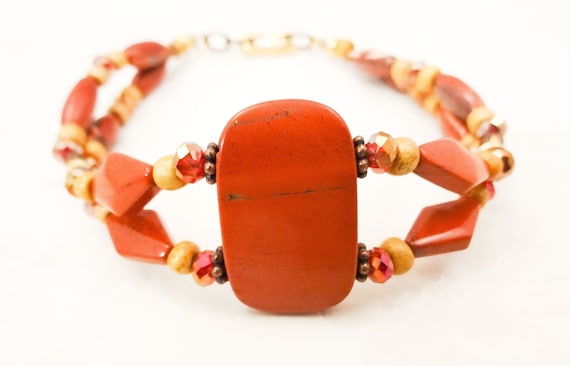 Brick Red and Gold Bracelet, Red Jasper Bracelet, Boho Style Jewelry, Unique Stone Jewelry, Rustic Bracelet, Gift for Her