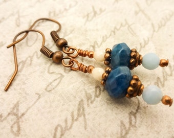 Blue Apatite Gemstone Earrings, Blue Stone Earrings, Blue Gemstone Jewelry, Copper and Blue Stone Earrings, Gift for Her