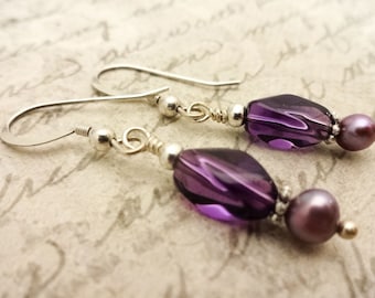 Amethyst Earrings: Sterling Silver, Freshwater Pearl, February Birthstone