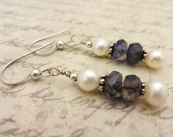Iolite Gemstone and Freshwater Pearl Earrings with Sterling Silver Ear Wires, Gift for Mom, Gift for Her