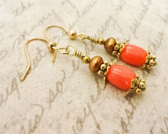 Peachy Coral and Gold Pearl Earrings, Short Dangle Earrings, Orange Gemstone Jewelry, Gift for wife, Gift for Mom