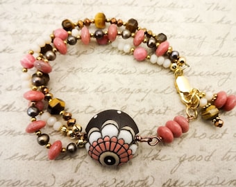 Boho Gemstone Bracelet: Golem Studio Ceramic, Tiger's Eye & Rhodonite