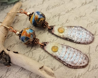 Artisan Enamel Earrings in Blue Gold and White, One of a Kind Artisan Earrings, Handmade Earrings, Gift for Her