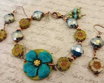 Teal and Olive Green Dogwood Flower Bracelet and Earring Set, Polymer Art Bead and Czech Glass Jewelry Set
