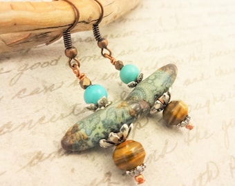 Boho Ceramic Twig Earrings, Turquoise and Tiger's Eye, Artisan Jewelry