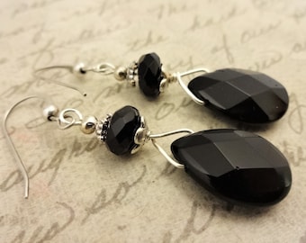 Black Onyx Teardrop Dangle Earrings, Sterling Silver Ear Wires