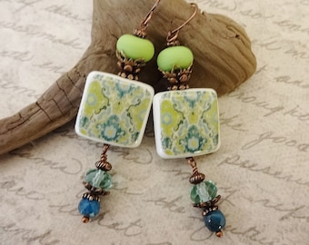 Lampwork Porcelain Gemstone Earrings: Lime Green Aqua Blue Dangle