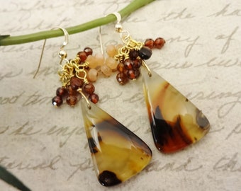 Montana Agate, Peach Moonstone, Hessionite Garnet and Tiger's Eye Gemstone Earrings, Gift for Her