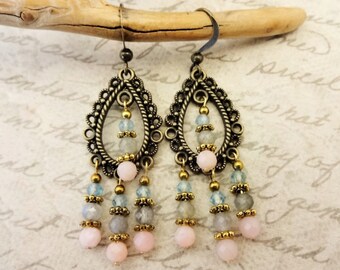 Antique Brass Filigree Chandelier Earrings, Multi Gemstone Earrings, Vintage Style Jewelry in Pastel Gemstones