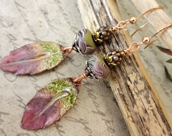Enamel Leaf Earrings: Heather Power Polymer Beads, Mixed Metal Dangles