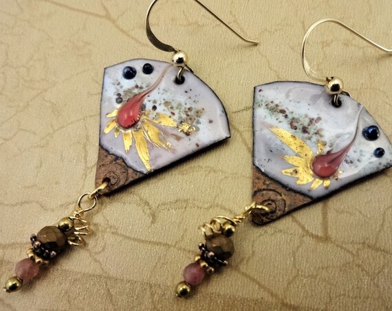 Artisan Enamel Earrings, Pink White and Gold Earrings, One of a Kind Handmade Earrings, Gift for Her