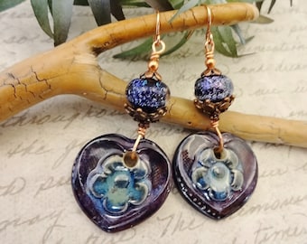 Bohemian Ceramic Heart Earrings: Dichroic Glass, Purple Aqua Flower