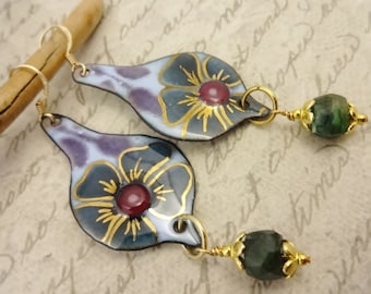 Green Purple and Lavender Artisan Enamel Flower Earrings, Artisan Handmade Earrings, Gift for Her, Real Gold Accented Enamel