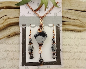 Snowflake Obsidian Jewelry Set: Copper Necklace and Earrings