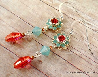 Swarovski Crystal Flower Earrings, Crystal Earrings, Swarovski Earrings, Padparadscha & Pacific Opal Earrings, orange and aqua earrings